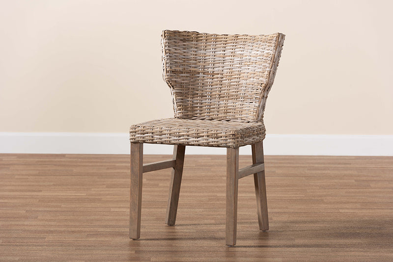 Audrey Modern Bohemian Gray Rattan and Brown Wood Dining Chair