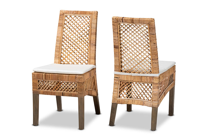 Marit Modern Bohemian  Natural Brown Rattan 2-Piece Dining Chair Set