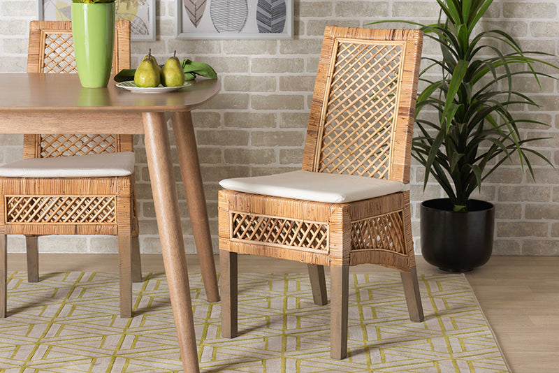 Marit Modern Bohemian  Natural Brown Rattan 2-Piece Dining Chair Set