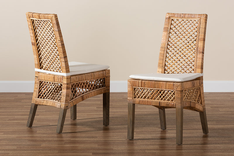 Marit Modern Bohemian  Natural Brown Rattan 2-Piece Dining Chair Set