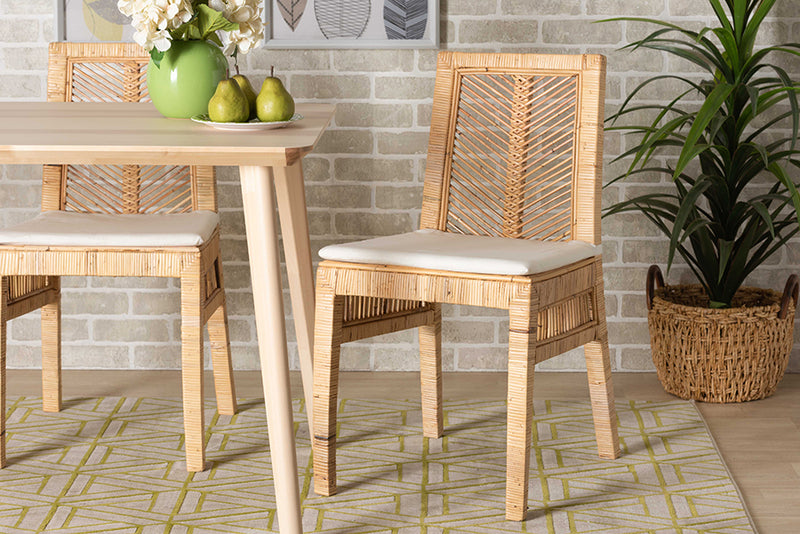 Fredrika Modern Bohemian Natural Brown Rattan 2-Piece Dining Chair Set