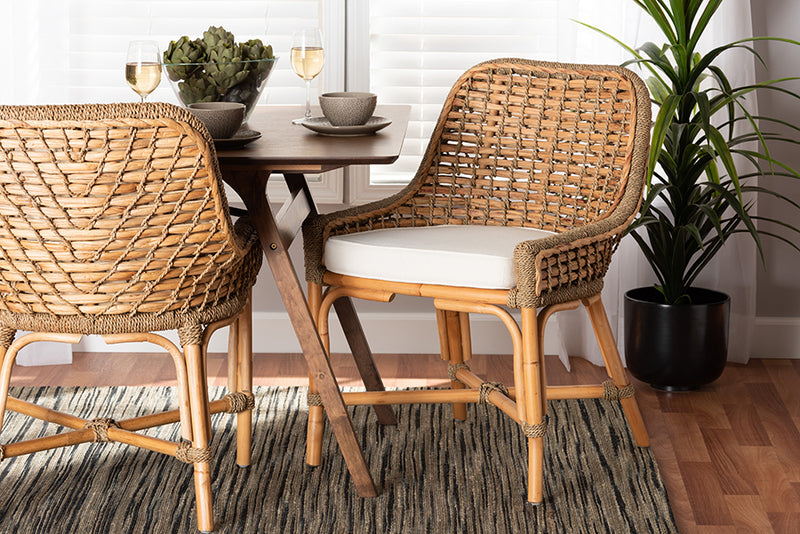 Cody Modern Bohemian Natural Brown Woven Rattan Dining Side Chair w/Cushion