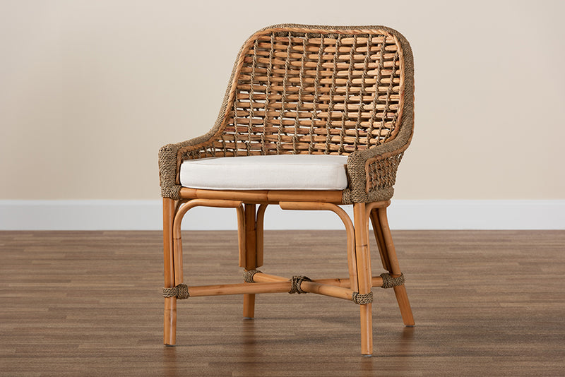 Cody Modern Bohemian Natural Brown Woven Rattan Dining Side Chair w/Cushion