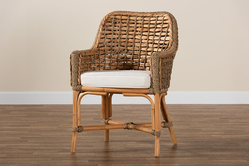 Cody Modern Bohemian Natural Brown Woven Rattan Dining Arm Chair w/Cushion