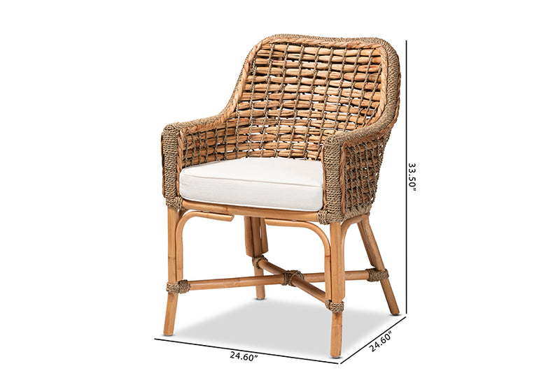 Cody Modern Bohemian Natural Brown Woven Rattan Dining Arm Chair w/Cushion