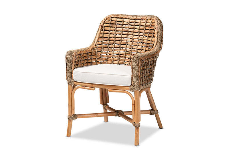 Cody Modern Bohemian Natural Brown Woven Rattan Dining Arm Chair w/Cushion