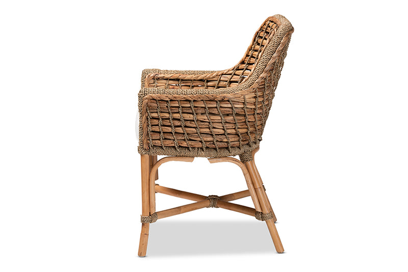 Cody Modern Bohemian Natural Brown Woven Rattan Dining Arm Chair w/Cushion