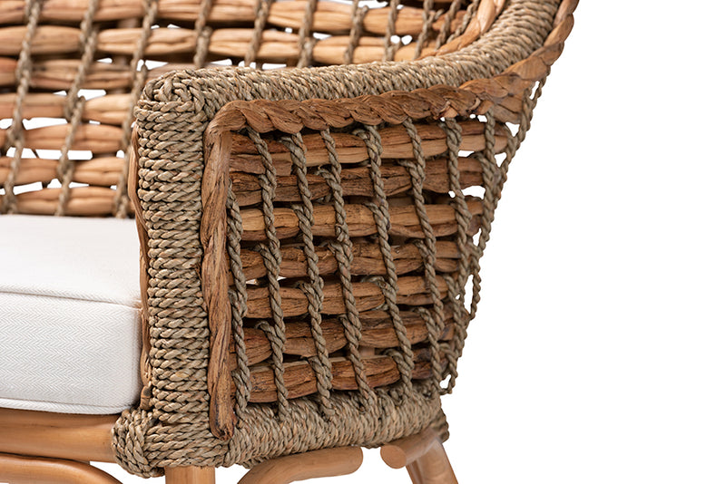 Cody Modern Bohemian Natural Brown Woven Rattan Dining Arm Chair w/Cushion