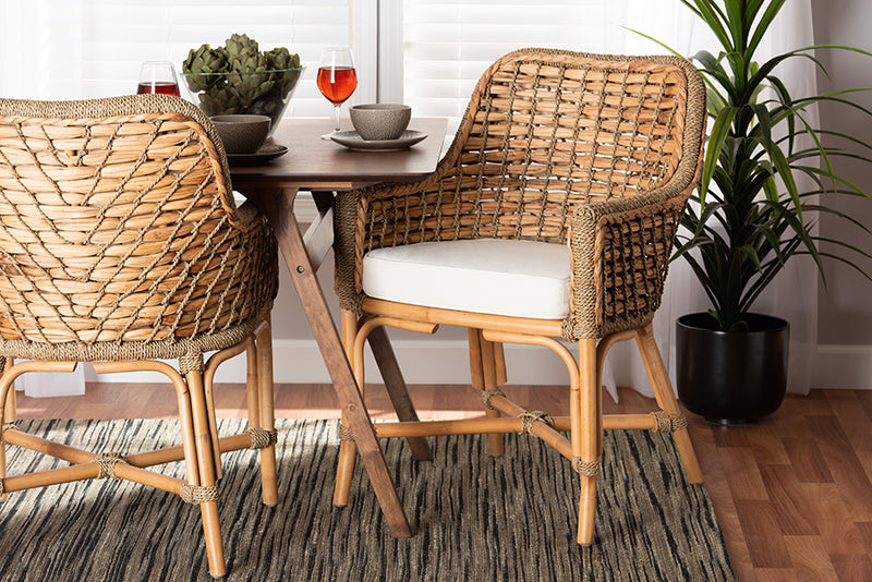 Cody Modern Bohemian Natural Brown Woven Rattan Dining Arm Chair w/Cushion