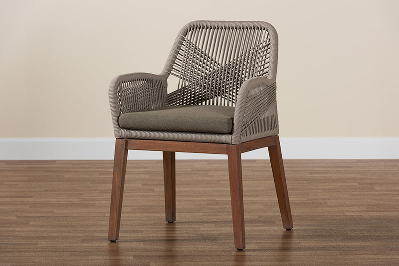 Jessie Mid-Century Gray Woven Rope Mahogany Dining Arm Chair