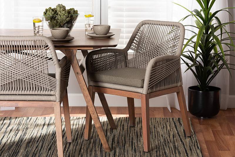 Jessie Mid-Century Gray Woven Rope Mahogany Dining Arm Chair