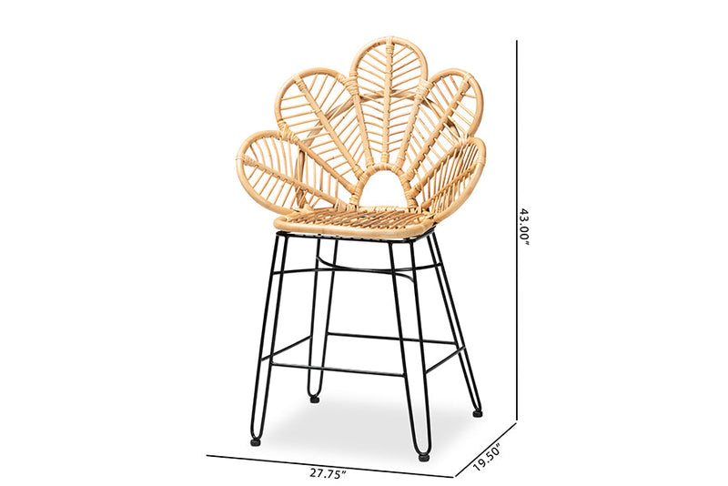 Haina Natural Brown Rattan and Black Metal Counter Stool Baxton