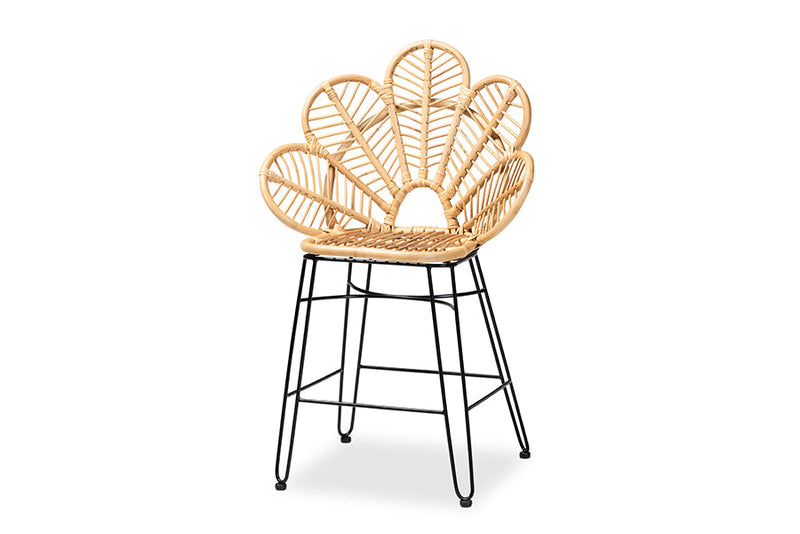 Haina Natural Brown Rattan and Black Metal Counter Stool Baxton