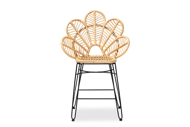 Haina Natural Brown Rattan and Black Metal Counter Stool Baxton