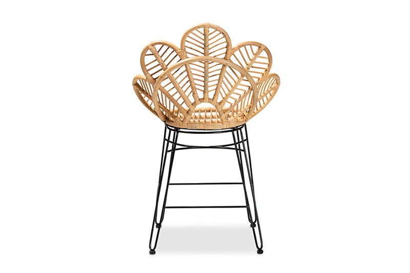 Haina Natural Brown Rattan and Black Metal Counter Stool Baxton