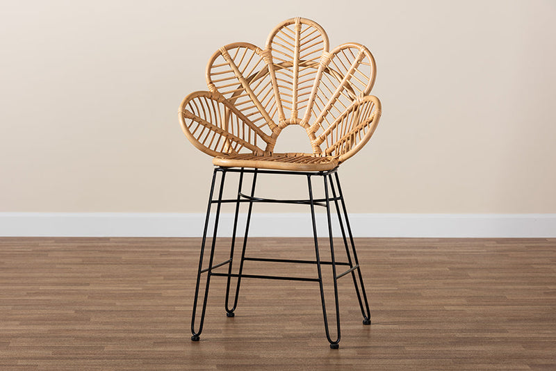 Haina Natural Brown Rattan and Black Metal Counter Stool Baxton