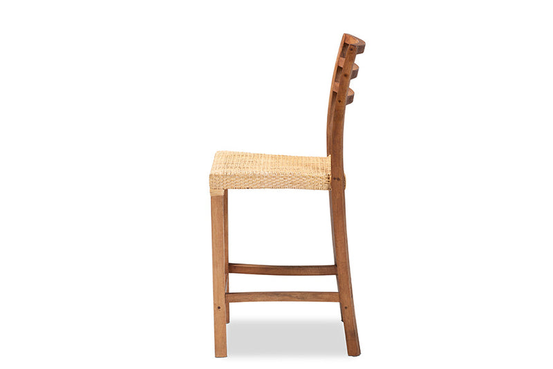 Michi Walnut Brown Mahogany Wood and Natural Rattan Counter Stool Baxton