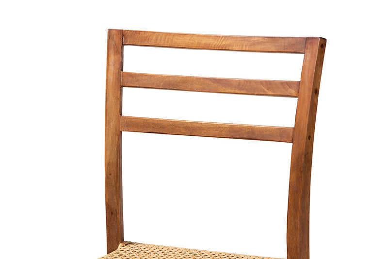 Michi Walnut Brown Mahogany Wood and Natural Rattan Counter Stool Baxton