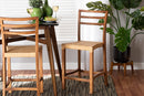 Michi Walnut Brown Mahogany Wood and Natural Rattan Counter Stool Baxton