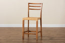 Michi Walnut Brown Mahogany Wood and Natural Rattan Counter Stool Baxton