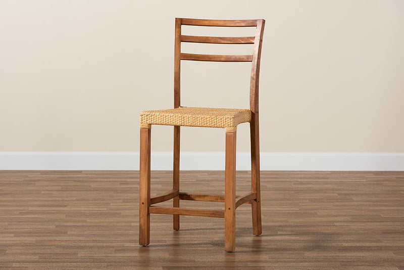 Michi Walnut Brown Mahogany Wood and Natural Rattan Counter Stool Baxton