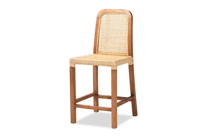 Phoenix Walnut Brown Mahogany Wood and Natural Rattan Counter Stool Baxton