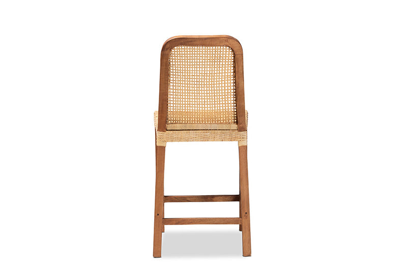 Phoenix Walnut Brown Mahogany Wood and Natural Rattan Counter Stool Baxton