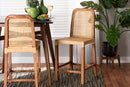 Phoenix Walnut Brown Mahogany Wood and Natural Rattan Counter Stool Baxton