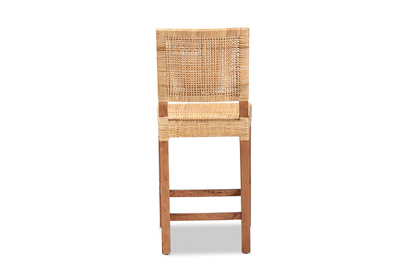 Merci Natural Brown Rattan and Walnut Brown Mahogany Wood Counter Stool Baxton