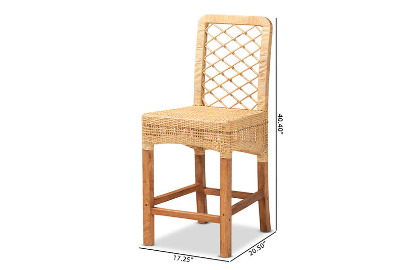 Tallis Natural Brown Rattan and Walnut Brown Mahogany Wood Counter Stool Baxton