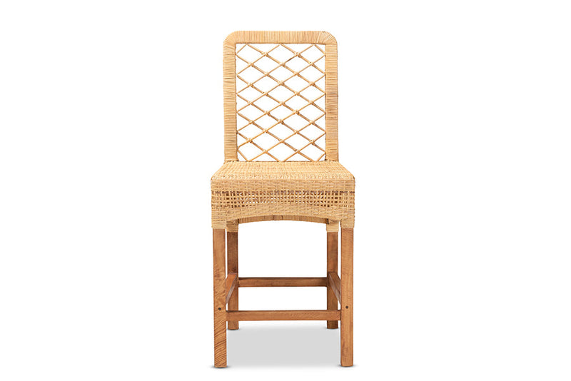 Tallis Natural Brown Rattan and Walnut Brown Mahogany Wood Counter Stool Baxton