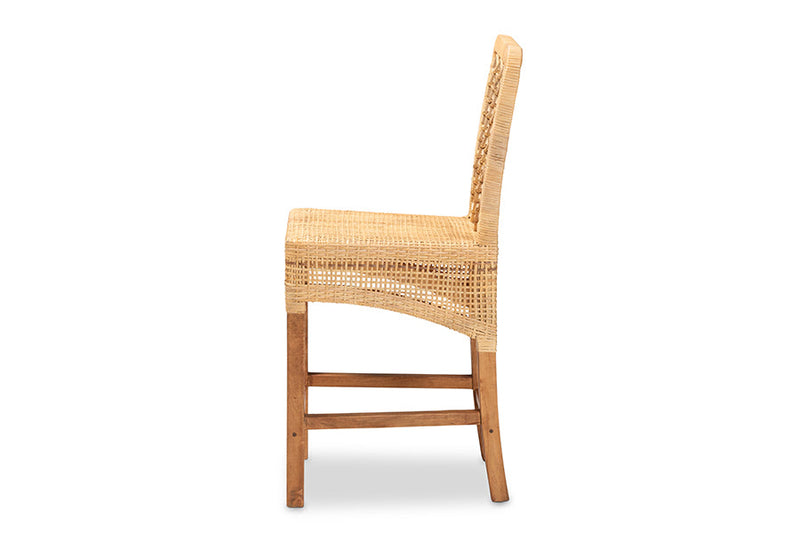 Tallis Natural Brown Rattan and Walnut Brown Mahogany Wood Counter Stool Baxton