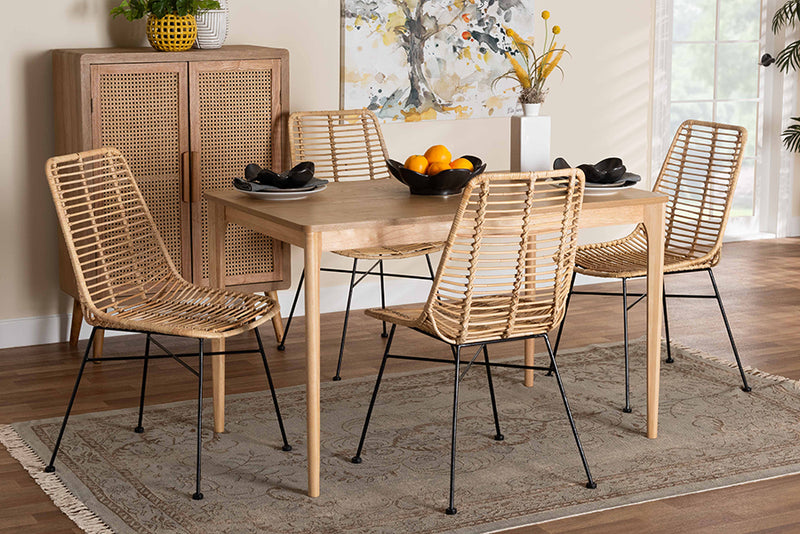 Caelinus Modern Bohemian Rattan and Natural Oak Finished Wood 5-Piece Dining Set