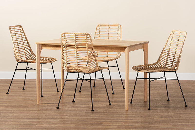 Caelinus Rattan and Natural Oak 5-Piece Dining Set Baxton
