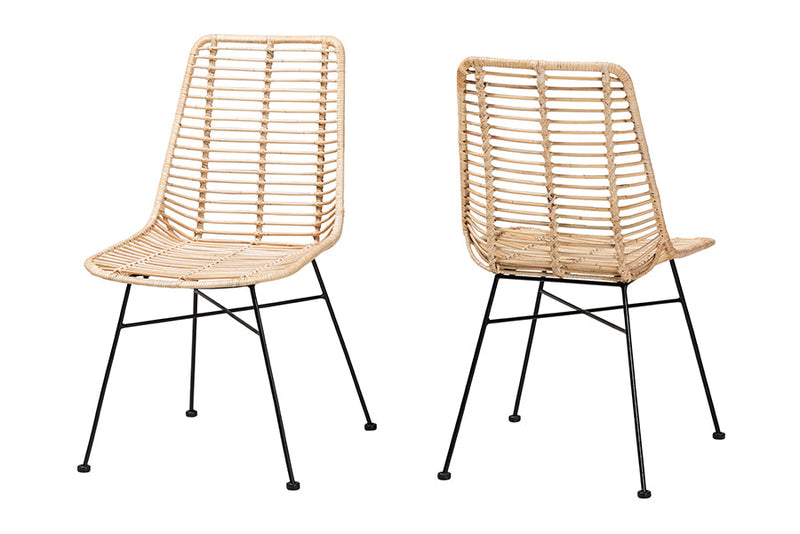 Caelinus Natural Brown Rattan and Black Metal 2Pc Dining Chair Set Baxton
