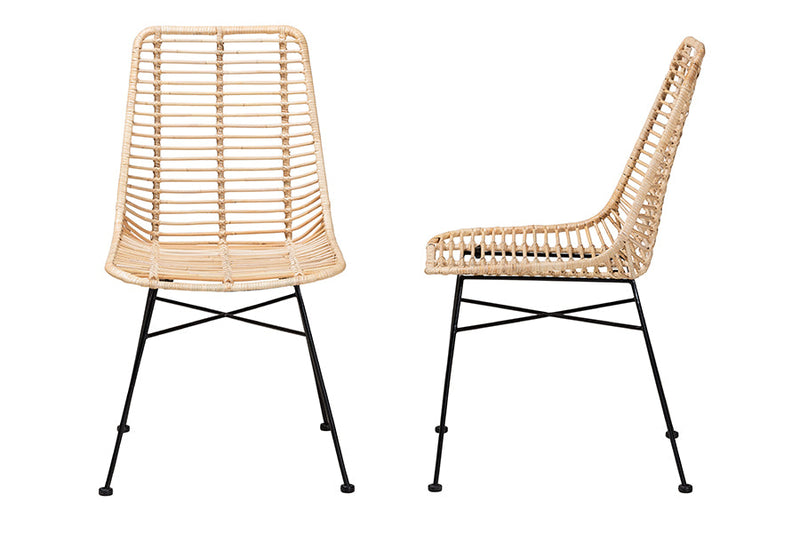 Caelinus Natural Brown Rattan and Black Metal 2Pc Dining Chair Set Baxton