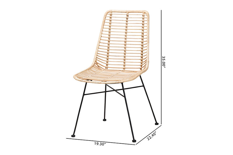 Caelinus Natural Brown Rattan and Black Metal 2Pc Dining Chair Set Baxton