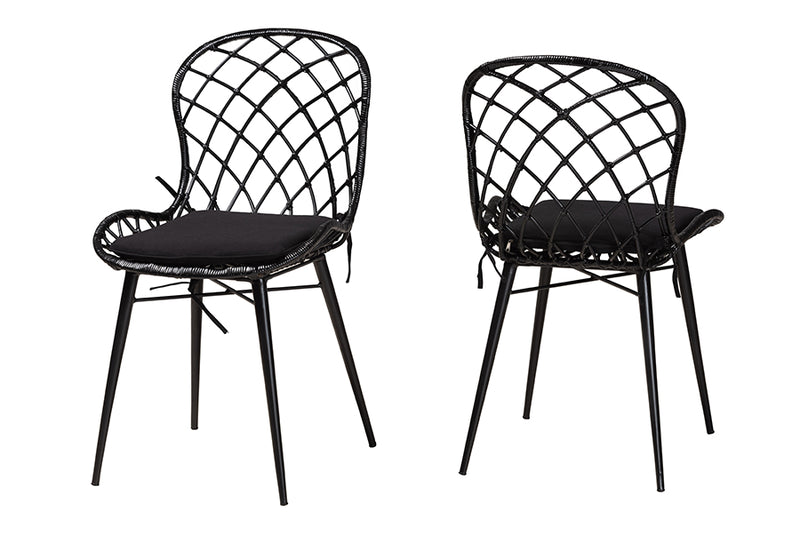 Frank Modern Bohemian Black Finished Rattan and Metal 2-Piece Dining Chair Set