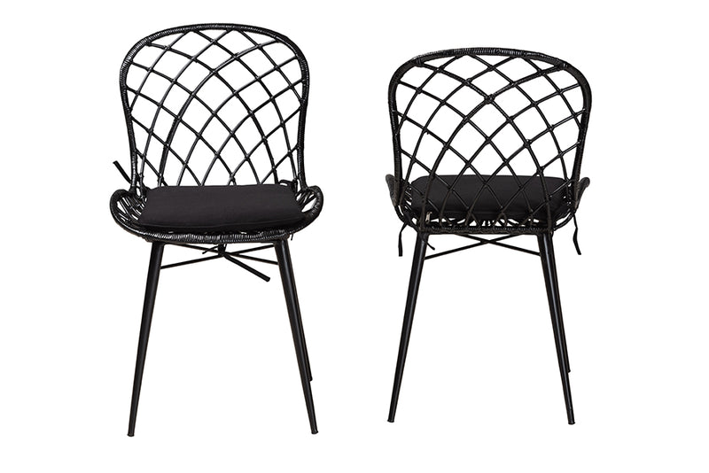 Frank Modern Bohemian Black Finished Rattan and Metal 2-Piece Dining Chair Set