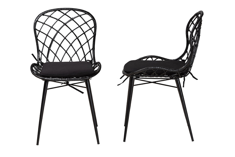 Frank Modern Bohemian Black Finished Rattan and Metal 2-Piece Dining Chair Set