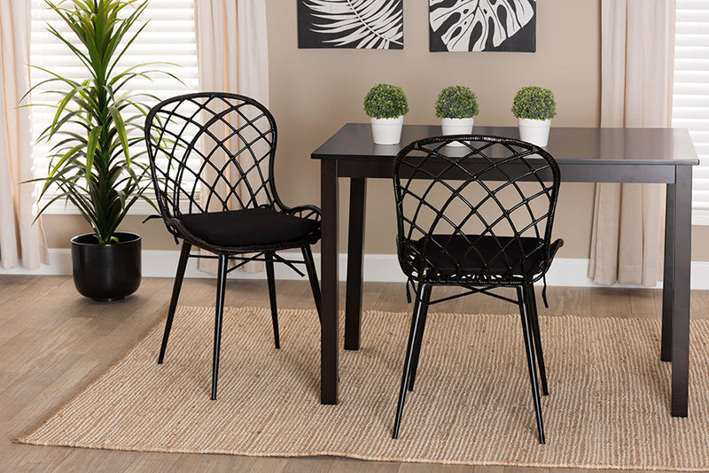 Frank Modern Bohemian Black Finished Rattan and Metal 2-Piece Dining Chair Set