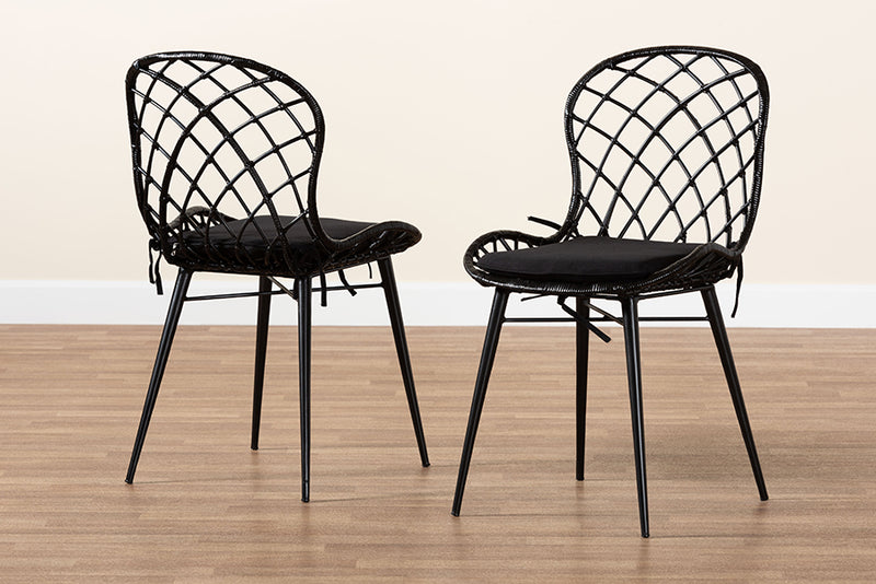 Frank Modern Bohemian Black Finished Rattan and Metal 2-Piece Dining Chair Set