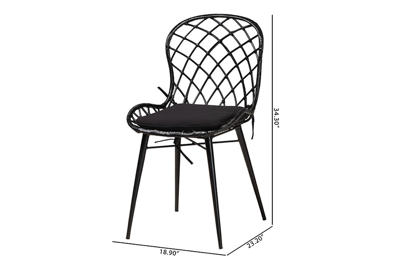 Frank Modern Bohemian Black Finished Rattan and Metal 2-Piece Dining Chair Set