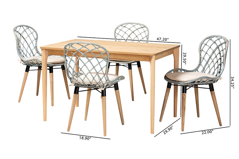 Frank Light Blue Rattan and Natural Brown 5-Piece Dining Set Baxton