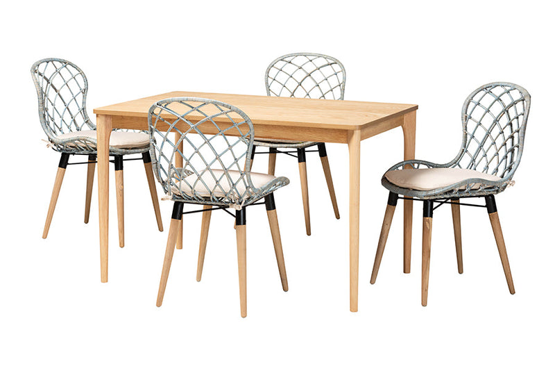 Frank Light Blue Rattan and Natural Brown 5-Piece Dining Set Baxton