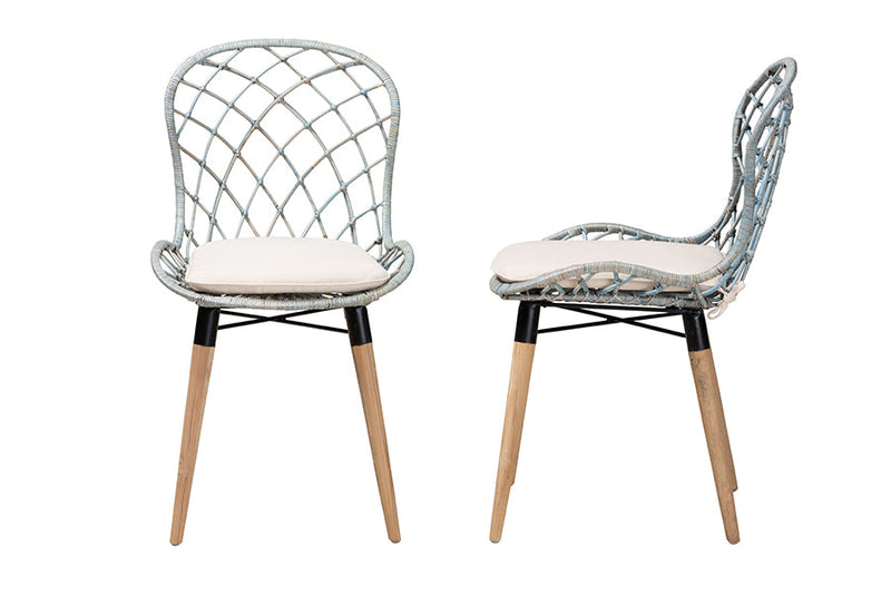 Frank Natural Brown Finished Teak Wood and Light Blue Rattan 2Pc Chair Set Baxton