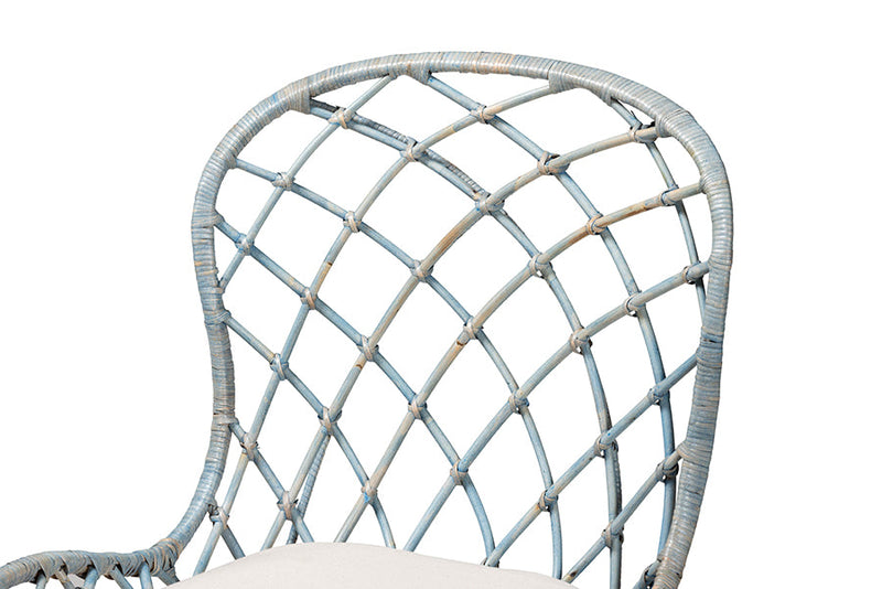 Frank Natural Brown Finished Teak Wood and Light Blue Rattan 2Pc Chair Set Baxton