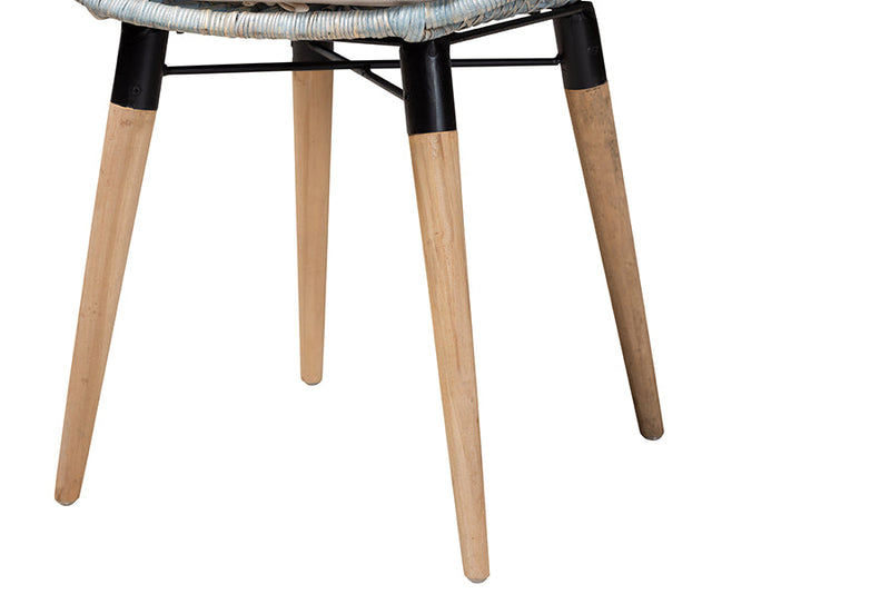 Frank Natural Brown Finished Teak Wood and Light Blue Rattan 2Pc Chair Set Baxton