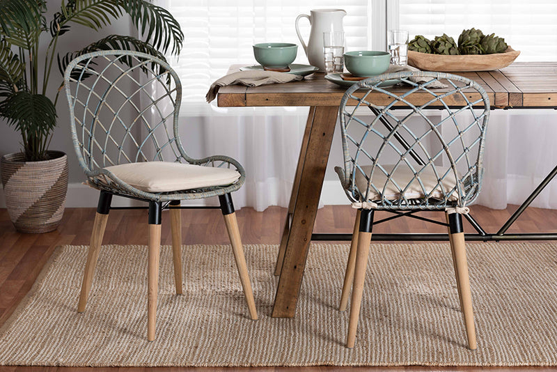 Frank Modern Bohemian Natural Brown Finished Teak Wood and Light Blue Rattan 2-Piece Dining Chair Set