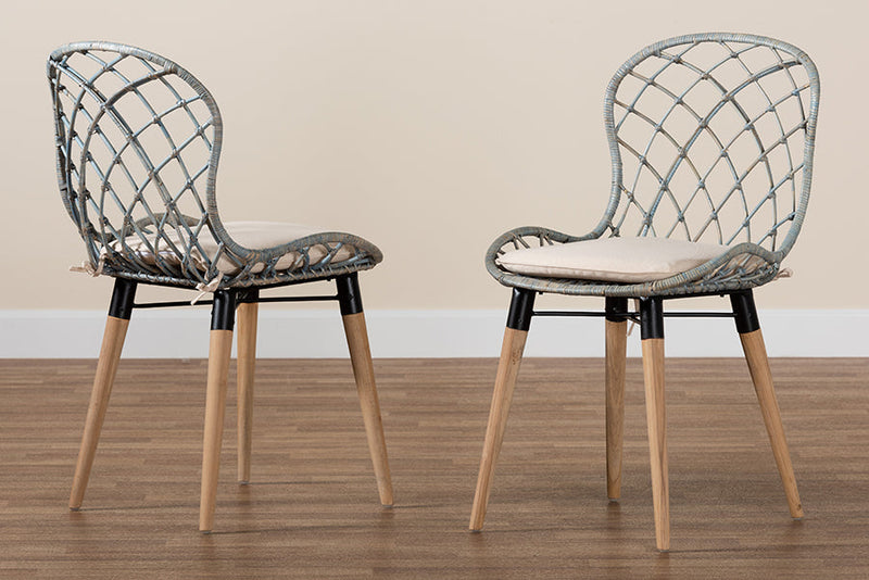 Frank Natural Brown Finished Teak Wood and Light Blue Rattan 2Pc Chair Set Baxton